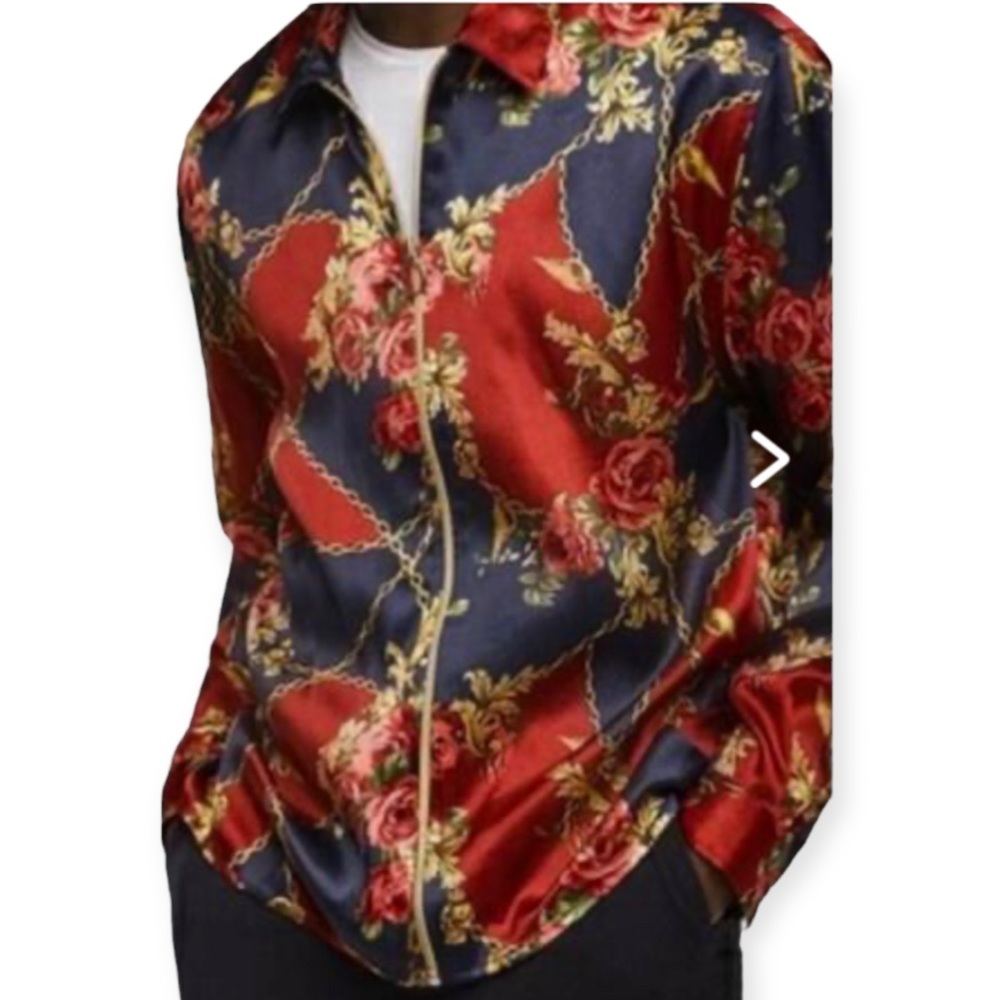 Rare ZARA Floral Flower Rose Chain Skull Satin Shirt/Jacket Size Medium NWT
